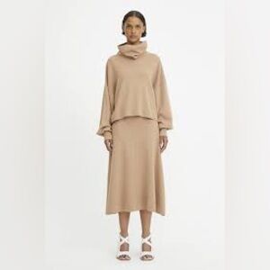 Women's Wool Cowl Neck Sweater and Skirt Set in Camel